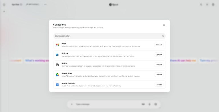 Connectors for Gmail, Outlook, Notion, Google Drive and Calendar in Qyx AI Chat Pro