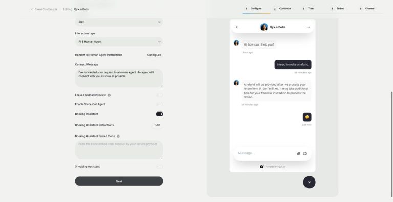 External Chatbot in Qyx: Booking Assistant settings with embed code and booking instructions