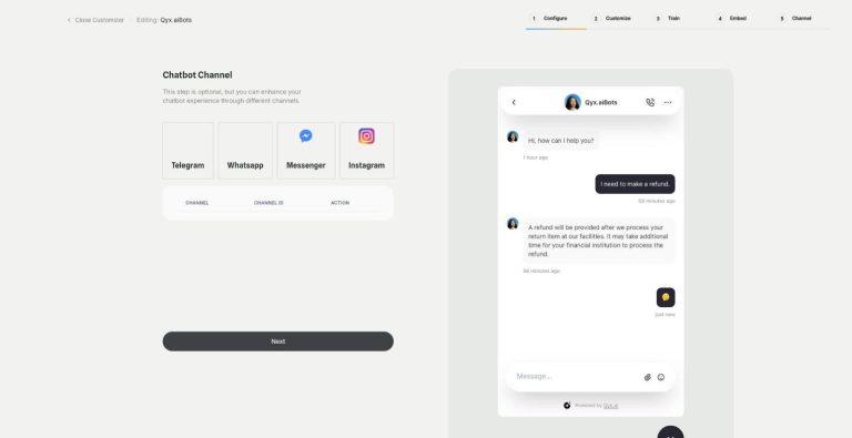 External Chatbot in Qyx: Channel step with Messenger, Instagram, WhatsApp and Telegram