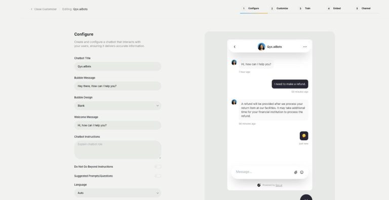 External Chatbot in Qyx: Configure step with bot name, instructions and interaction type