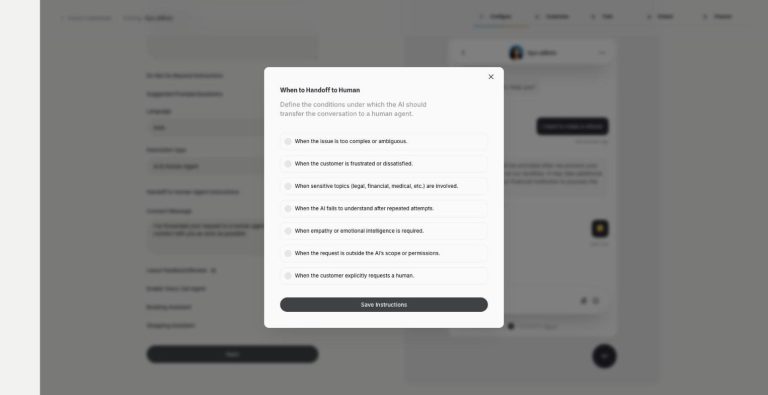 External Chatbot in Qyx: AI and Human Agent interaction type with handoff instructions