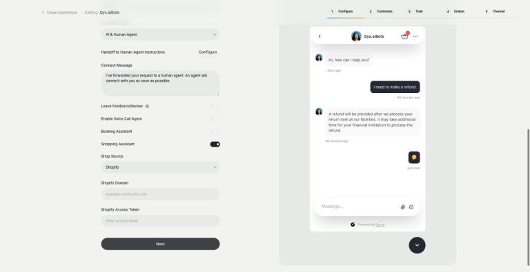 External Chatbot in Qyx: shopping assistant showing products with prices in the chat