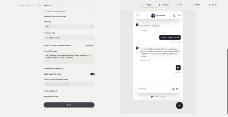 External Chatbot in Qyx: Enable Voice Call Agent switch with the first message field