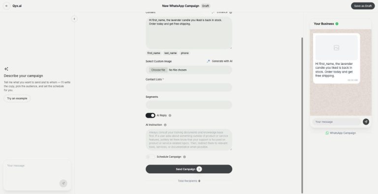 Marketing Bot in Qyx: AI Reply switch and AI Instruction field in a WhatsApp campaign