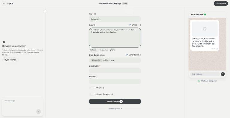 Marketing Bot in Qyx: new WhatsApp campaign with message preview and contact lists