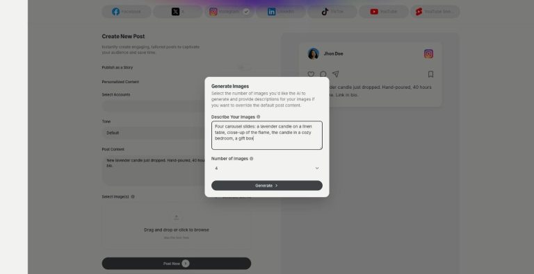 AI Social Media Suite in Qyx: Generate Images window for a multi-image carousel post