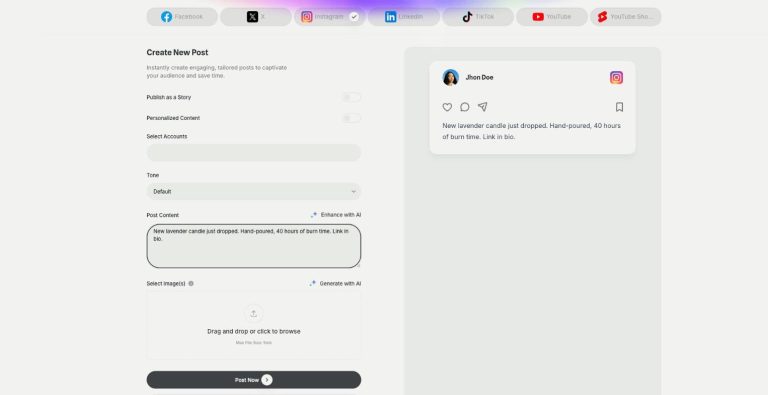 AI Social Media Suite in Qyx: new post form with platform accounts, AI tone and live preview