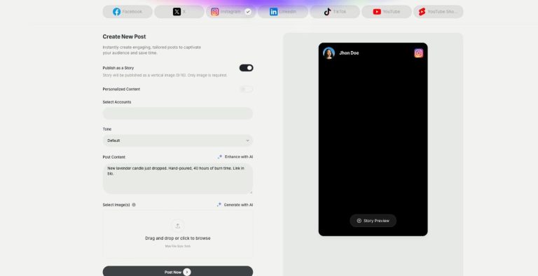 AI Social Media Suite in Qyx: Publish as a Story switch with a vertical story preview