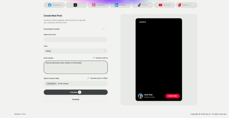 AI Social Media Suite in Qyx: YouTube Shorts tab with video upload and Shorts preview