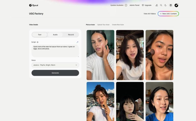 UGC Factory in Qyx: script field, AI voice choice and the AI actor library